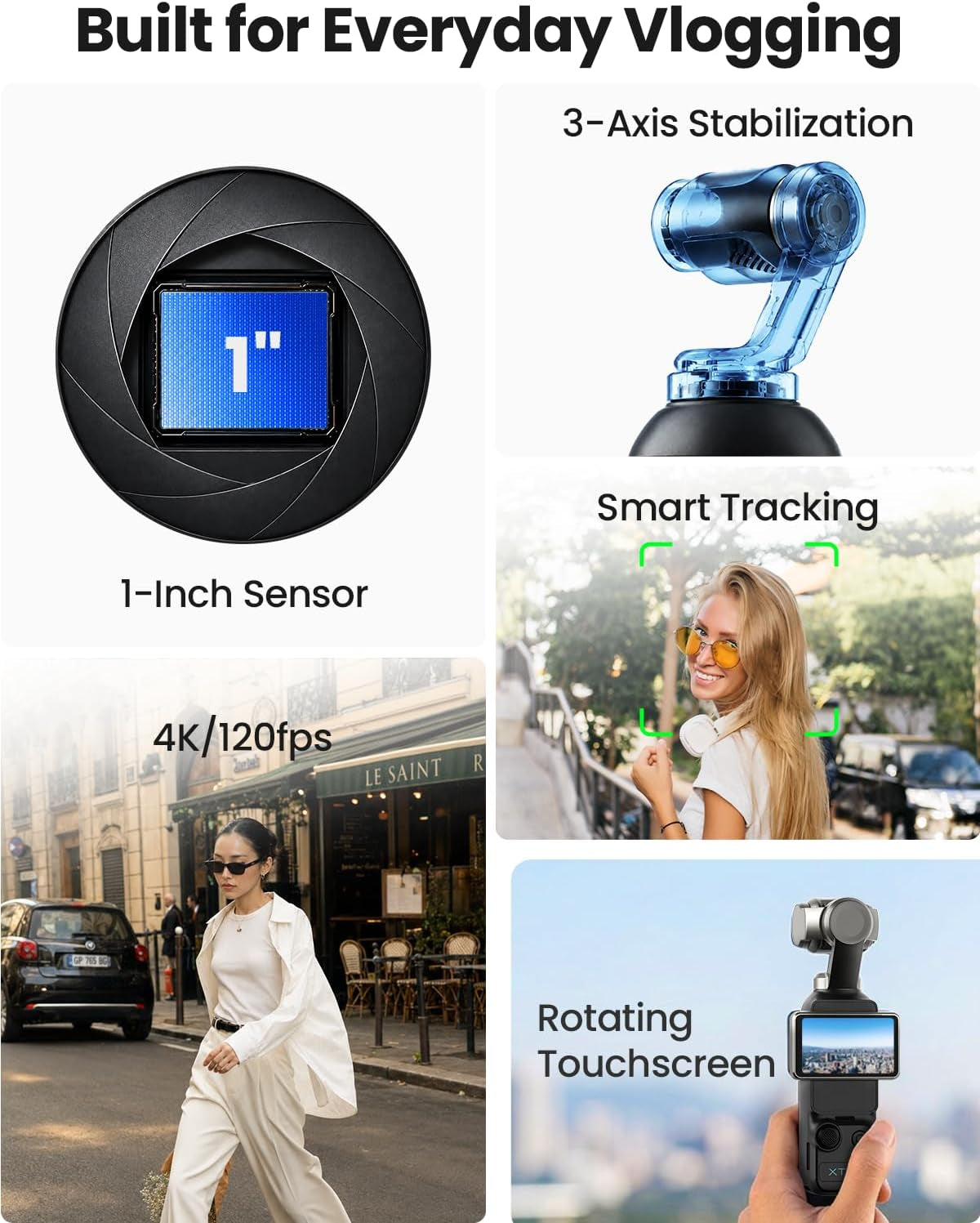 Xtra Muse Professional Vlogging Camera with 1'' CMOS Sensor, 4K/120fps Video Capability, Compact Design with 3-Axis Gimbal Stabilizer, Fast Autofocus, and Advanced Face/Object Tracking for Photography and Videography