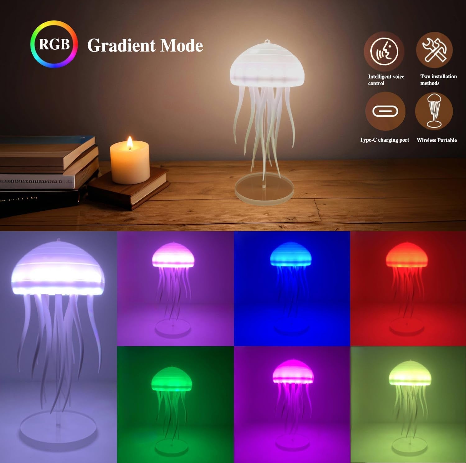 LED Jellyfish Lamp - Portable Rechargeable Night Light with RGB Color Changing Effects