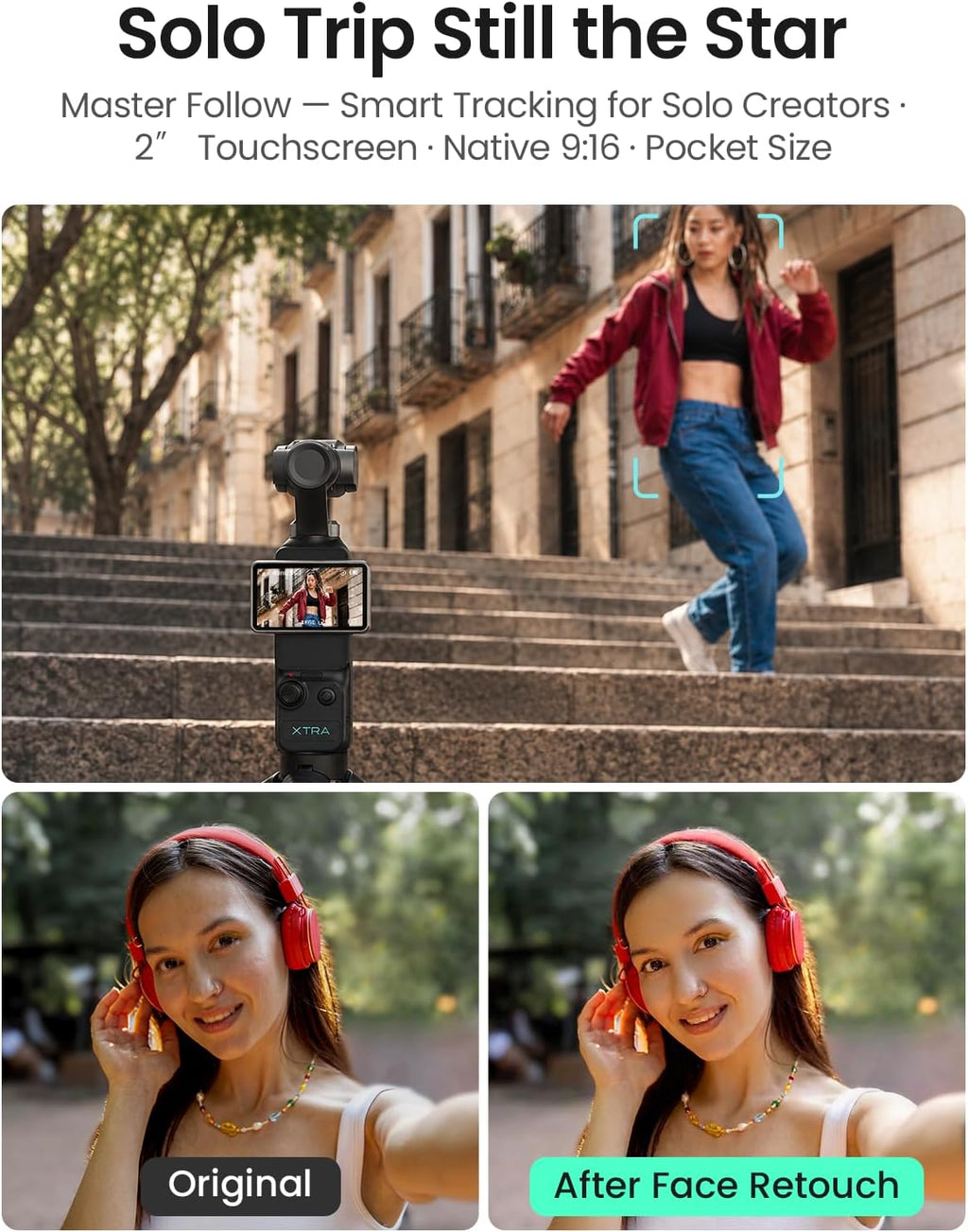 Xtra Muse Professional Vlogging Camera with 1'' CMOS Sensor, 4K/120fps Video Capability, Compact Design with 3-Axis Gimbal Stabilizer, Fast Autofocus, and Advanced Face/Object Tracking for Photography and Videography